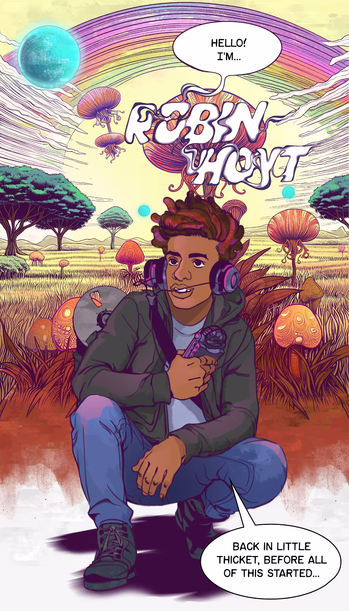 Illustration of a male-presenting person kneeling in front of a field of yellow grass and trees wearing headphones and holding a radio.