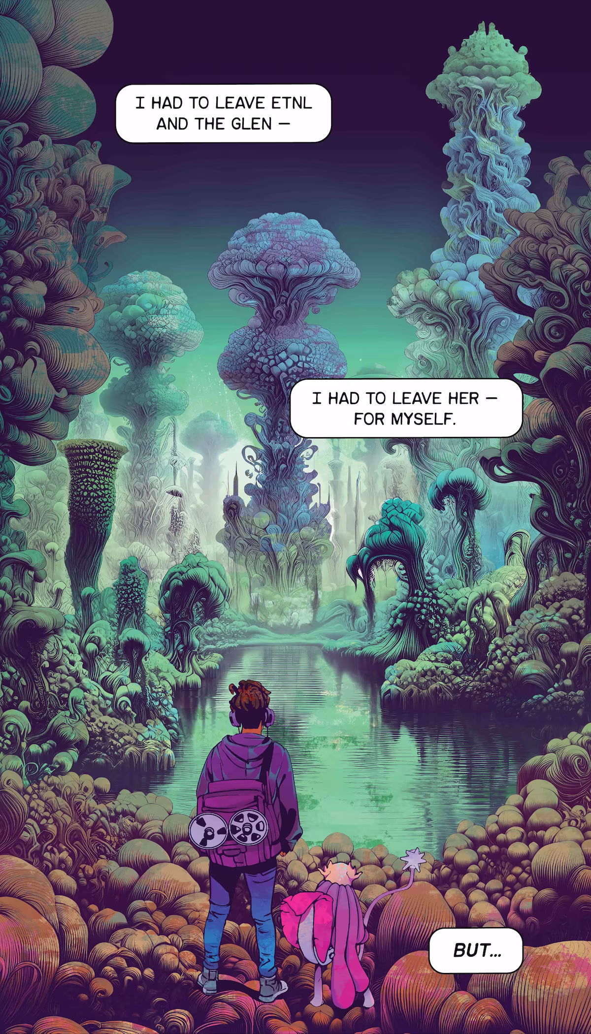 The person and fish creature stand looking out at the strange forest and a pond.