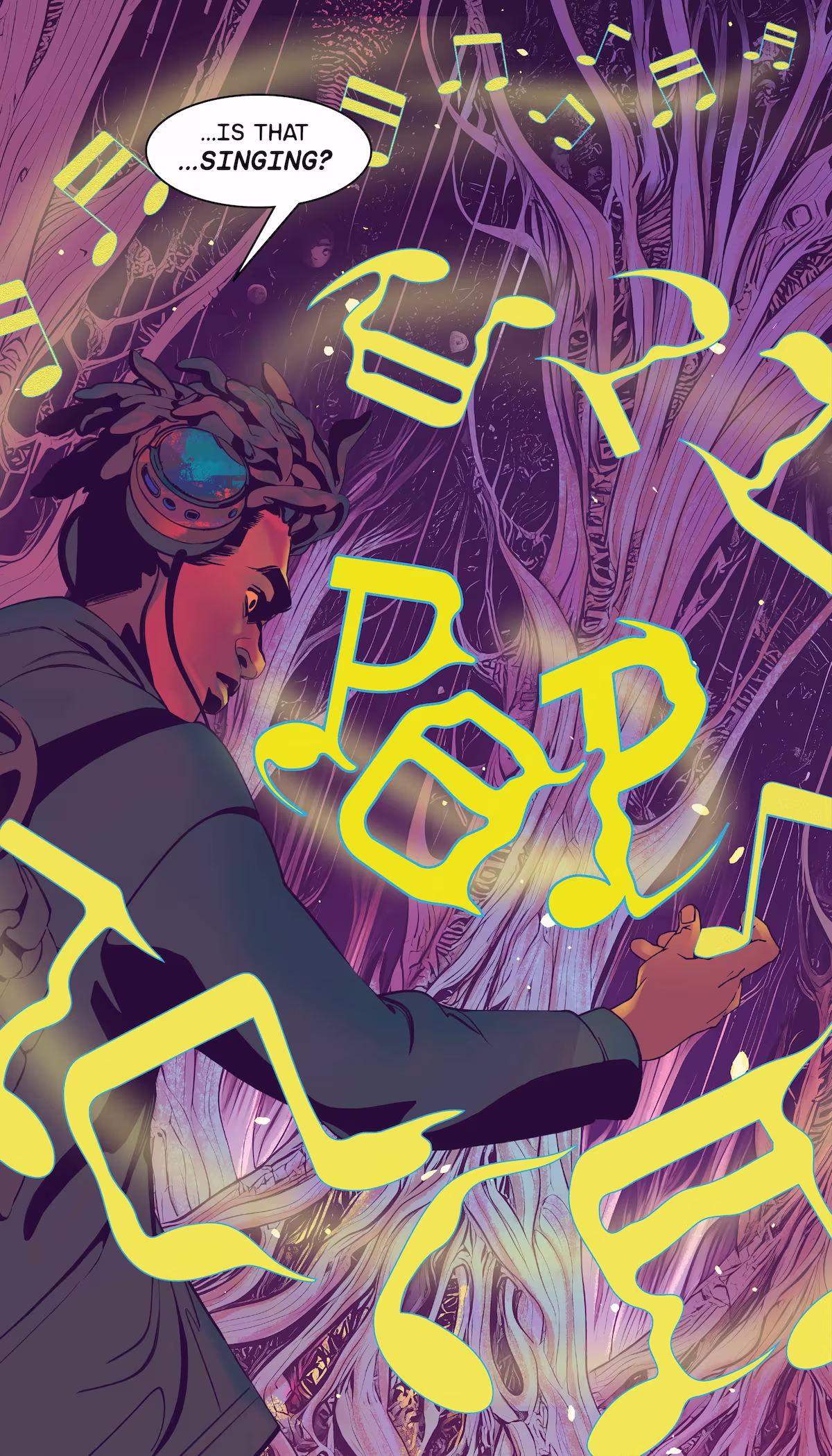 Strangely shaped music notes are swirling in the air of a magical forest around a person wearing headphones. 