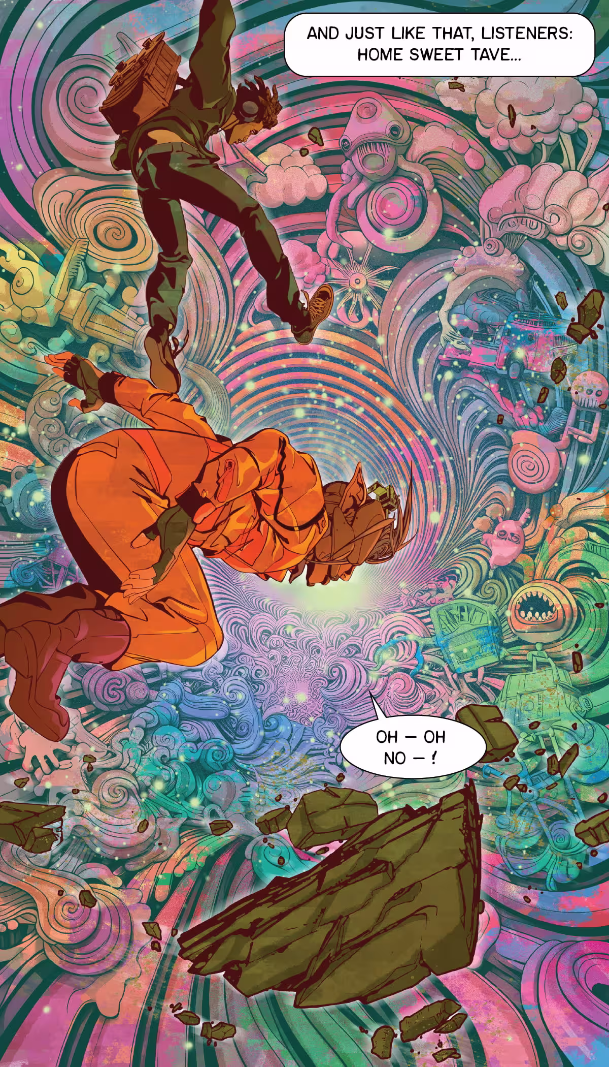 Two figures swirling around in a kaleidoscopic portal.