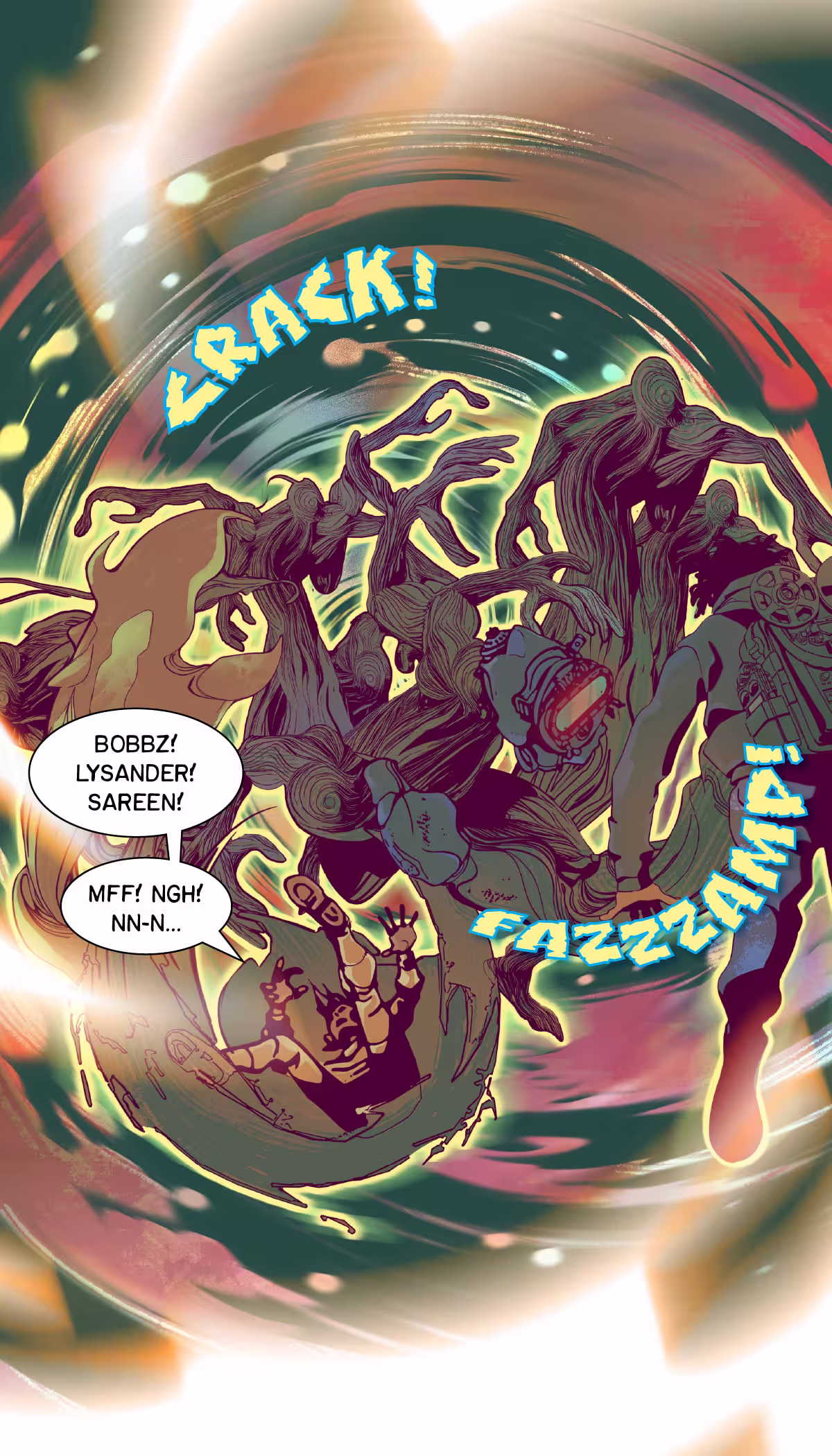 The female expressing person falls into a whirlpool of energy with the armored figures.