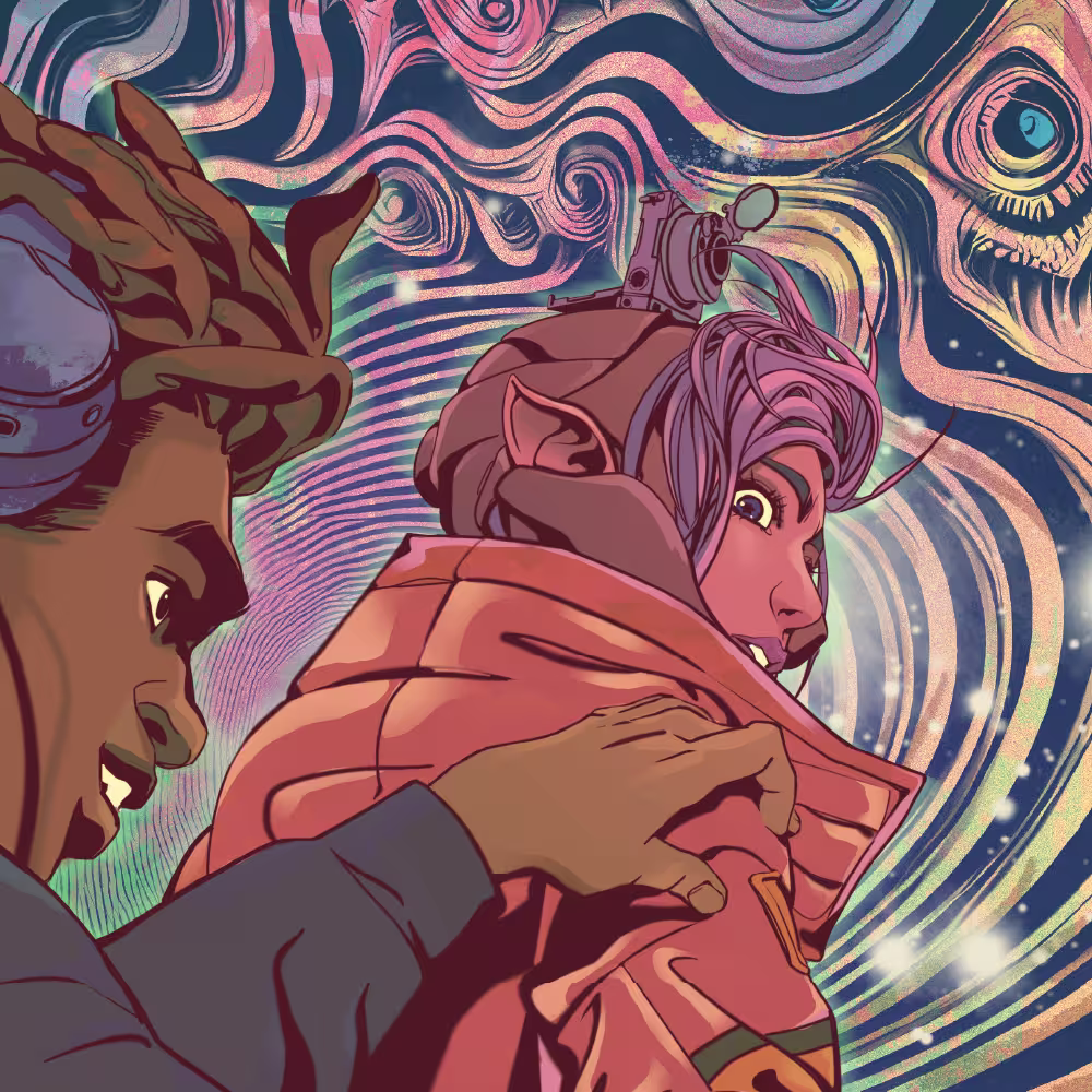 A male expressing person wearing headphones holds the shoulder of a female expressing person as they travel through a portal.